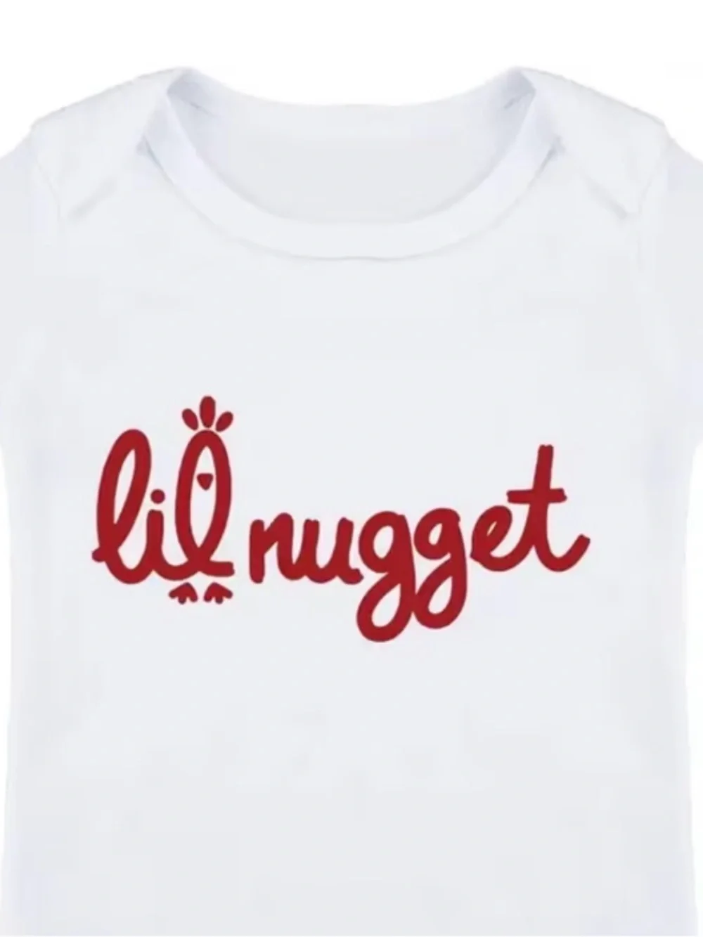 Chick-fil-A style ‘Lil Nugget’ White Baby One-Piece Romper with Red Script 3-6m